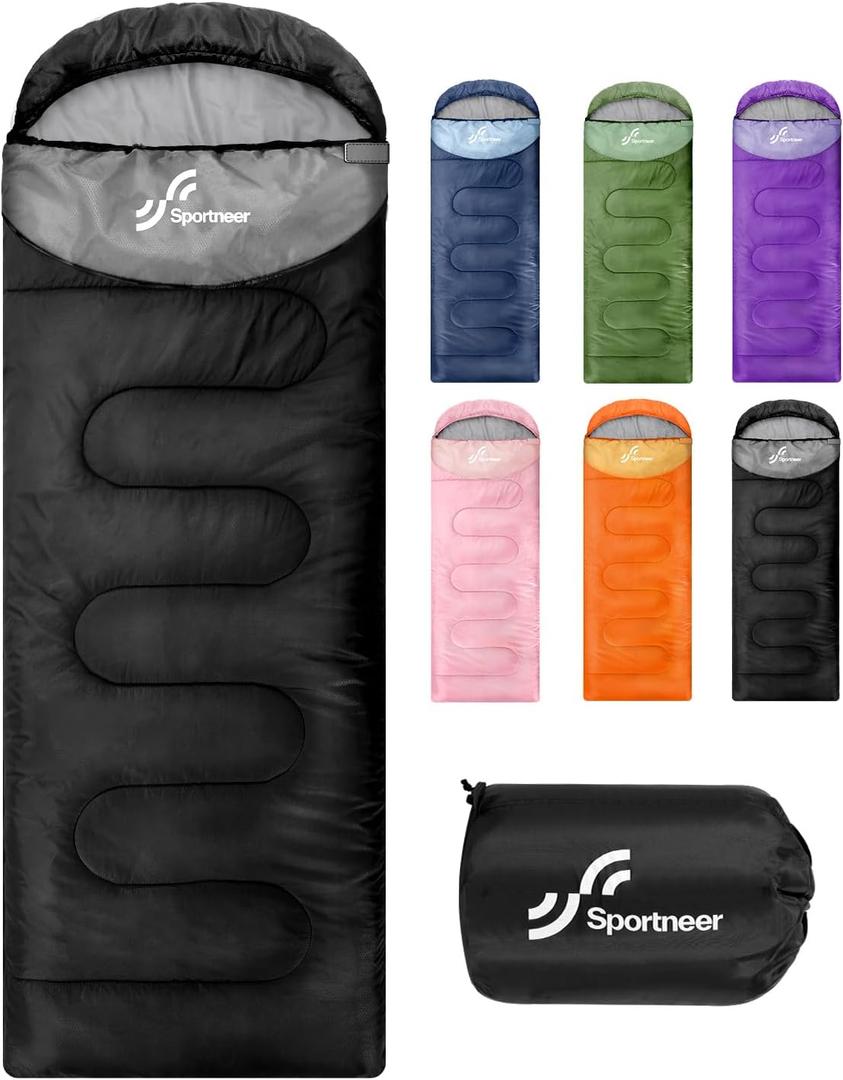 Sportneer Sleeping Bags for Adults, Warm & Cold Weather Sleeping Bag for Adults Kids Boys Girls - Lightweight Compact Camping Gear Equipment, Traveling, Backpacking, Hiking (87"x31.5", Black + Light Gray)