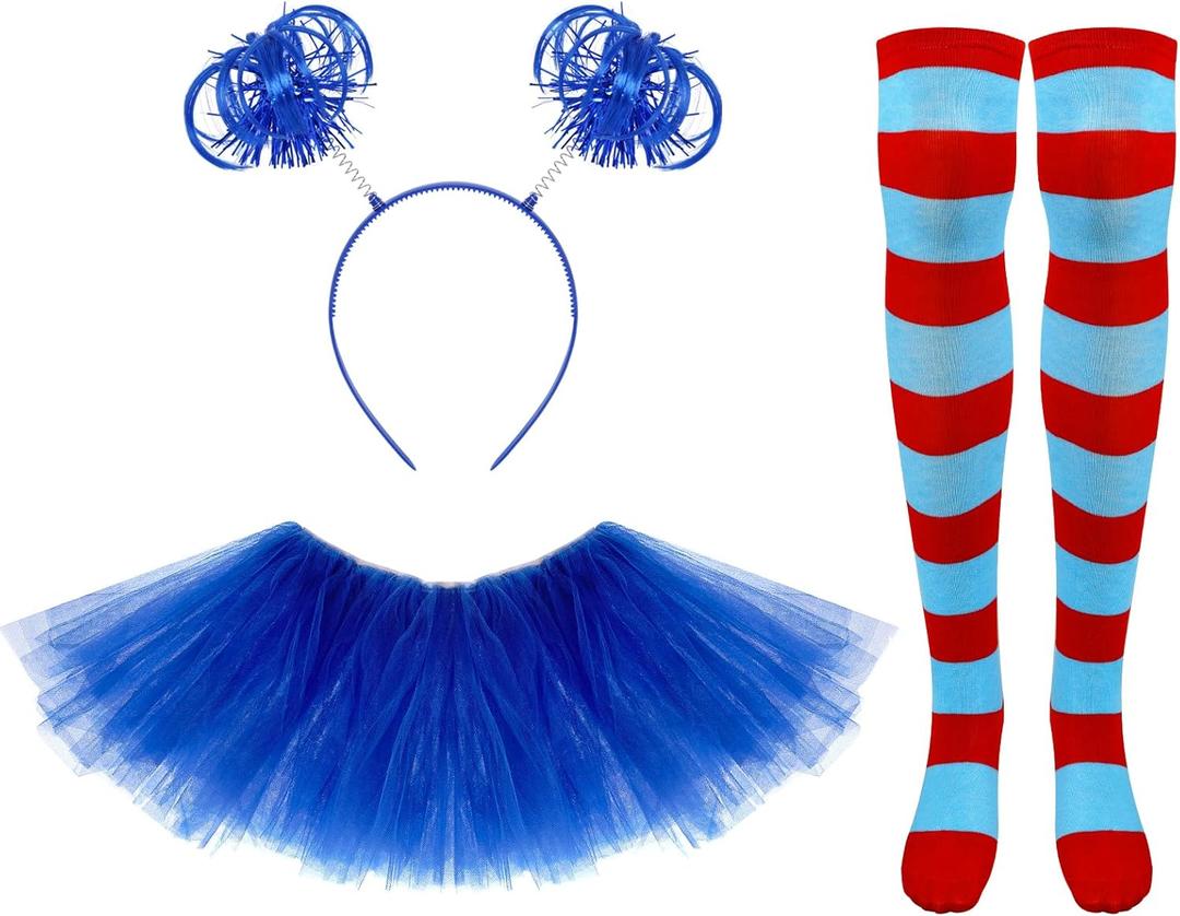 80s Women Tutu Costume Accessories Set Striped Sock Ponytail Headband Tutu Skirt for Halloween Mardi Gras Party (Standard, Blue)