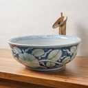 Ceramic Bathroom Vessel Sinks Vintage100% Hand Painted Blue and White Porcelain Flowers, and fishs Round Sink Bowl For Vanity Top (Green blue)