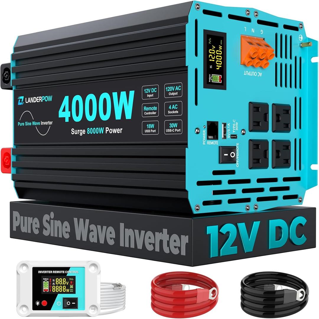 4000 Watt Inverter Pure Sine Wave 12V DC to 120V AC for RV, Truck, Solar, Home, Off-Grid, Power Inverter with 4 AC Outlet, 30W Type-C, 5V 3.1A USB, Hardwire Port, Remote Control, Surge 8000W