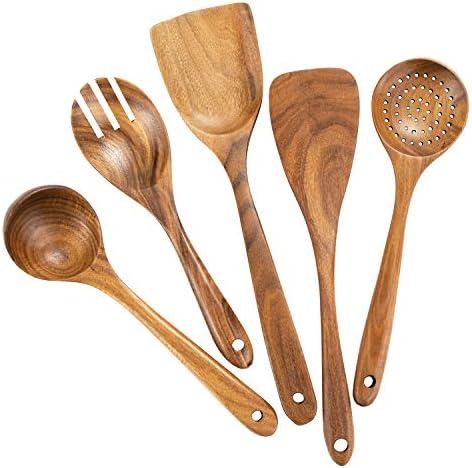 Wood Utensils Set for Cooking, Teak Wooden Utensils Set Wood Spatula for Nonstick Cookware Kitchen Utensils Set 5