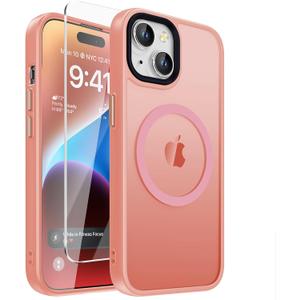 2 x DEERLAMN Magnetic Matte Case for iPhone 15 with Screen Protector, [Compatible with MagSafe][Military Grade Drop Protection] Slim Translucent Shockproof Protective Phone Cover, Pink