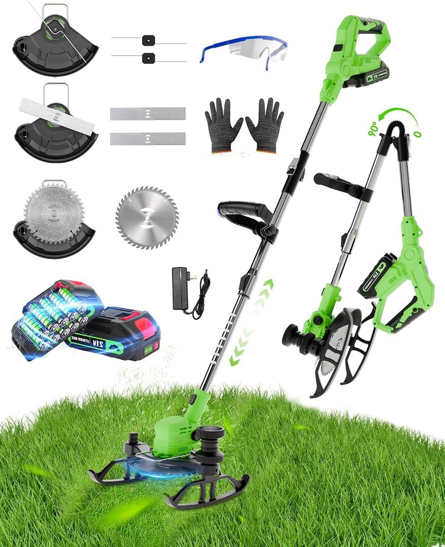 21V Weed Wacker Cordless,Weed Eater String Trimmer with 2x5.0ah Battery and Charger,3-in-1 Brush Cutter Weed Cutter Lawn Edger with 3 Types Blade & Wheels Lightweight for Garden & Yard Lawn