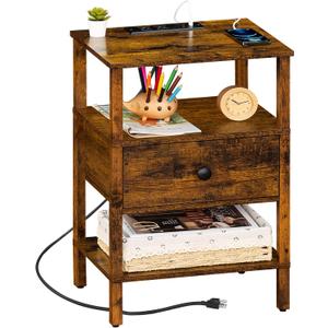 Lerliuo Nightstand with Charging Station and USB Ports, 3-Tier Storage End Table with Drawer Shelf, Night Stand for Small Spaces, Wood Bedside Table for Living Room, Bedroom - Retro Brown
