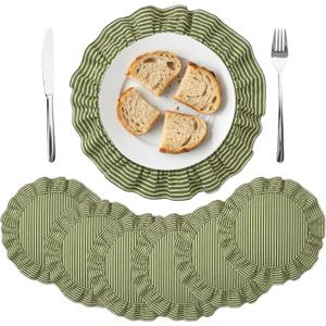 6 Pcs Round Green Placemats with Ruffle 15 Inch Cotton Striped Placemats Easter St Patricks Spring Wedding Boho Decorative Table Mats for Holiday Party Favors Table Decorations