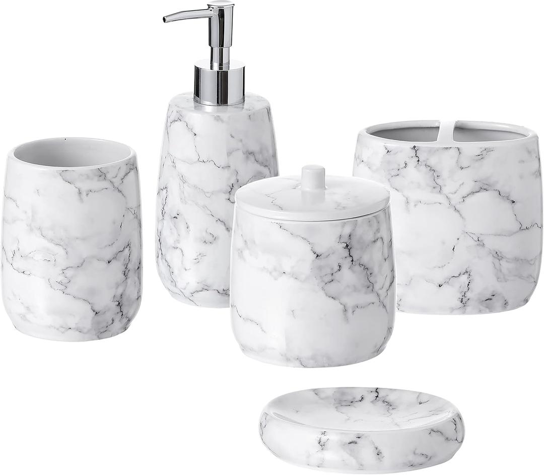 Bathroom Accessories Set, 5-Piece Ceramic Bath Accessory Complete Set with Lotion Dispenser/Soap Pump, Cotton Jar, Soap Dish, Tumbler and Toothbrush Holder (Marble Look)