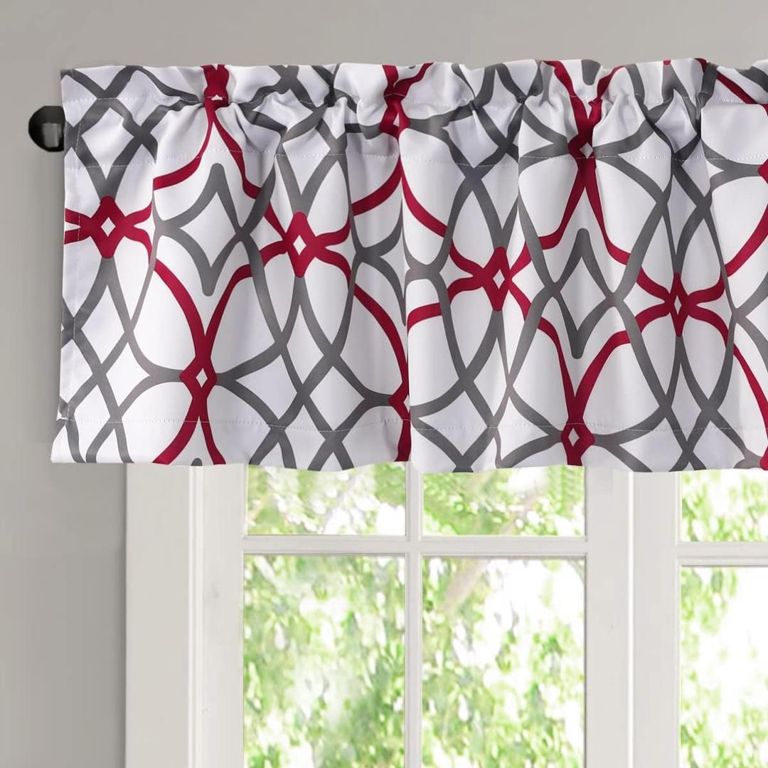 H.VERSAILTEX Blackout Curtain Valances for Kitchen/Bathroom - Thermal Insulated Window Valances for Living Room/Bedroom Rod Pocket Short Curtain 1 Panel, 52x18 inch, Geo in Burgundy and Gray