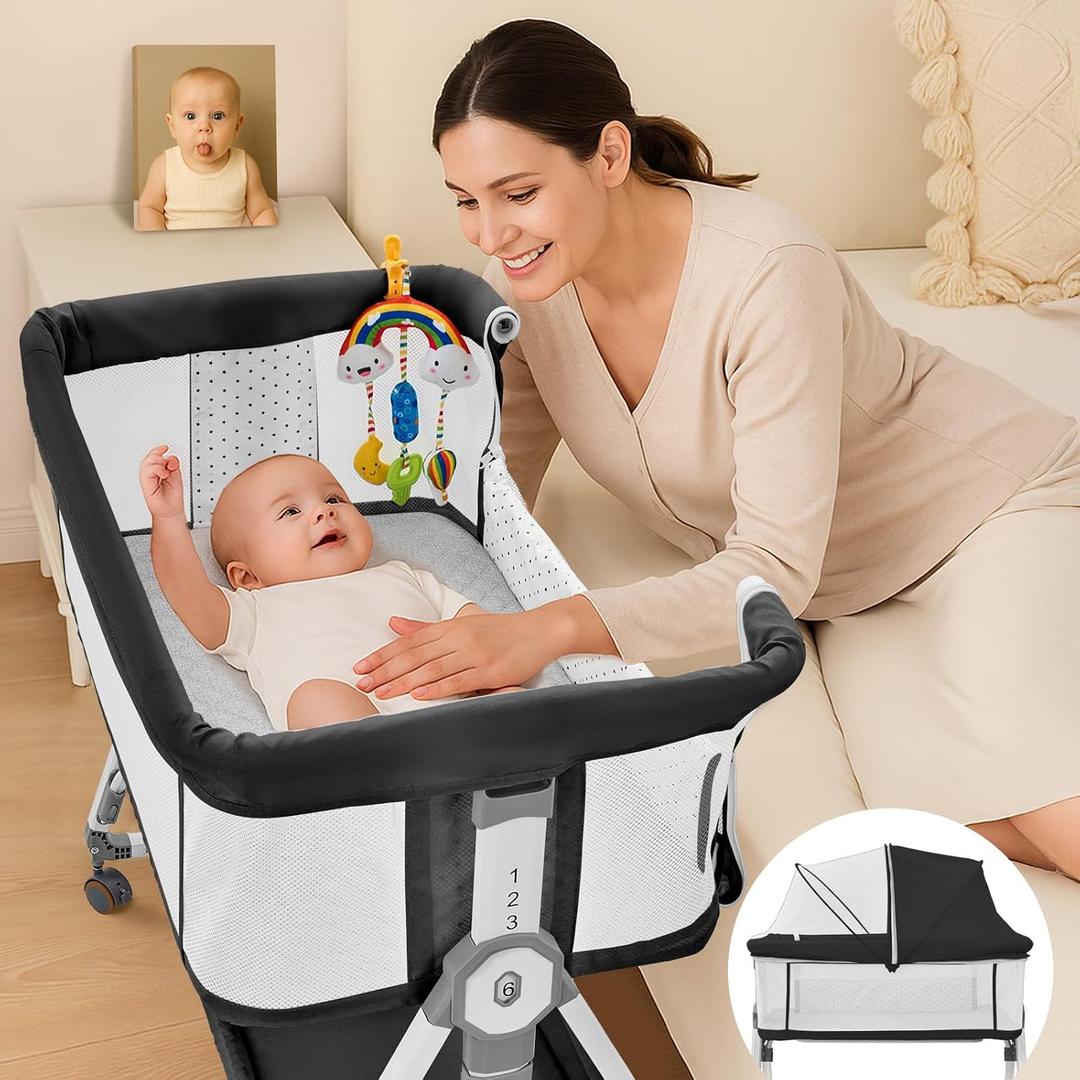 4-in-1 Baby Bassinets Bedside Sleeper, Bedside Bassinet with Wheels, 6-Height Adjustable Bassinet with Soft Mattress, Mosquito Net, Soothing Toy for Newborns & Infants(Black), Crib