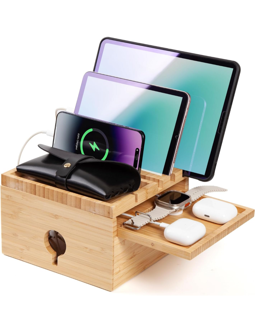 Bamboo Charging Station for Multiple Devices, Nightstand Docking Station with Small Tray, Desktop Wood Charger Organizer, Compatible with Cell Phone, Tablet, Earphones (No Cables)