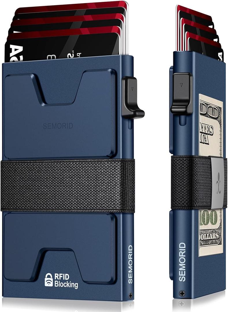 Slim Aluminum Card Holder Wallet for Men, Durable Expandable Backplate, RFID Blocking Minimalist Metal Pop Up Wallet, Holds 12+ Cards Plus Cash (Navy)