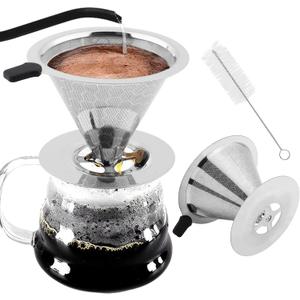 Pour Over Coffee Dripper, Double Mesh Coffee Filte-r Paperless Coffe-e Strainer Reusable Coffe-e Maker Dripper with Stand and Cleaning Brush(COLOR:Silver)