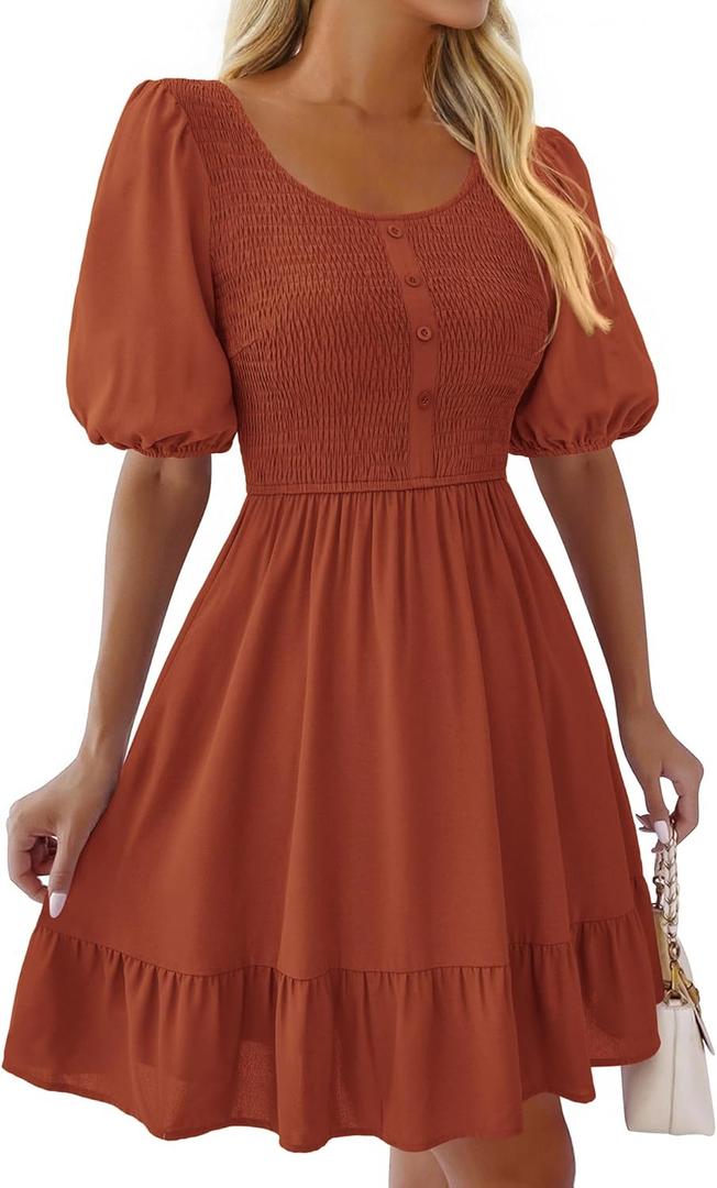 BTFBM Spring Empire Waist Dress for Women 2025 Summer Smocked Crewneck Puff Short Sleeve Beach Vacation Mini Dresses (X-Large, Brick Red)