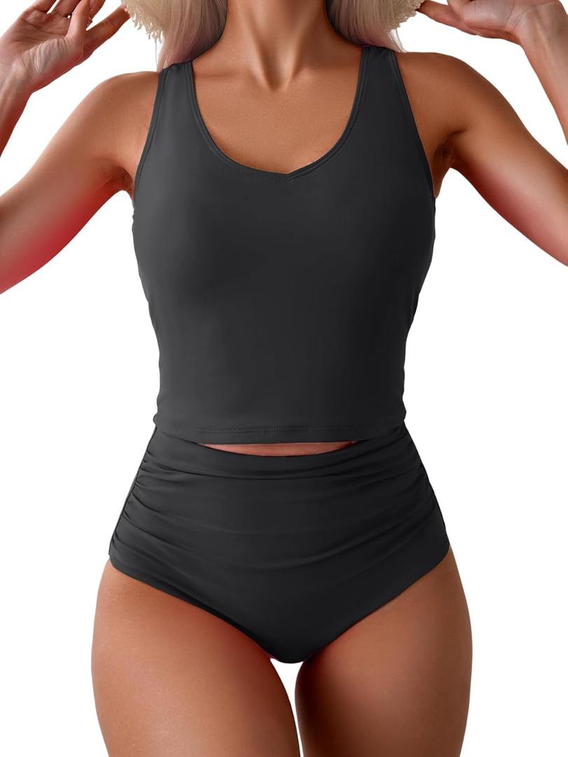 Eomenie Two Piece Tankini Swimsuits for Women Tummy Control Bathing Suits Cutout Back Swim Tank Top with High Waisted Bottom (X-Large, Black)
