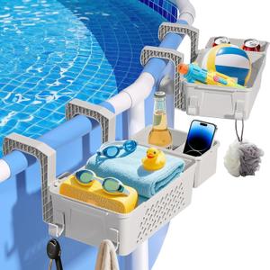 2025 Upgrade2-Pack Poolside Storage Basket with Cup Holder, Above Ground Pool Accessories, 3-in-1 Swimming Pool Hanging Storage Baskets to Organize Cups & Towels, Fits 3 Inch or Less Top Rail(Beige)