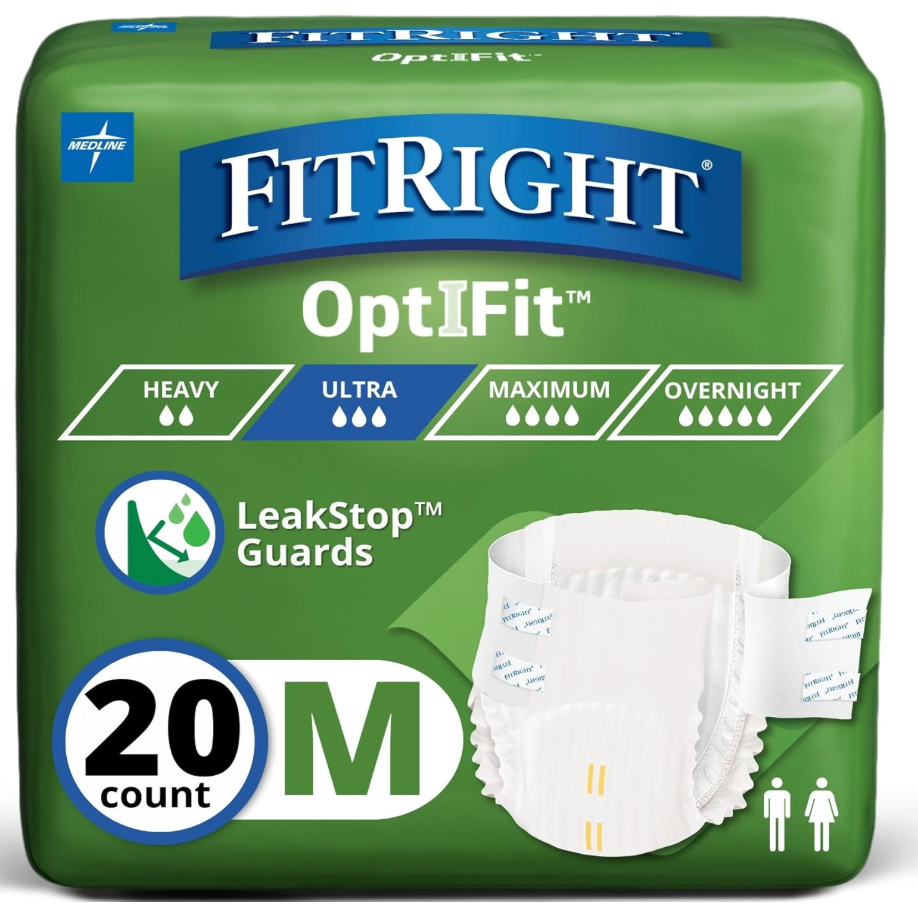 FitRight Ultra Adult Diapers, Disposable Incontinence Briefs, LeakProof Diaper, Absorbent Briefs For Men and Women, Maximum Protection, Medium, 32 – 44 in, 20 briefs per bag