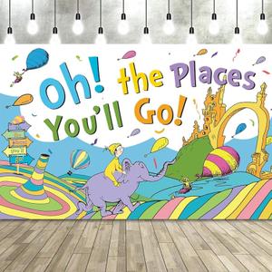 Banner Backdrop for Oh The Places You'll Go with 70.8''X43.3'',Large Party Decorations Photography Background for Kindergarten Preschool Graduation Supplies (Blue)