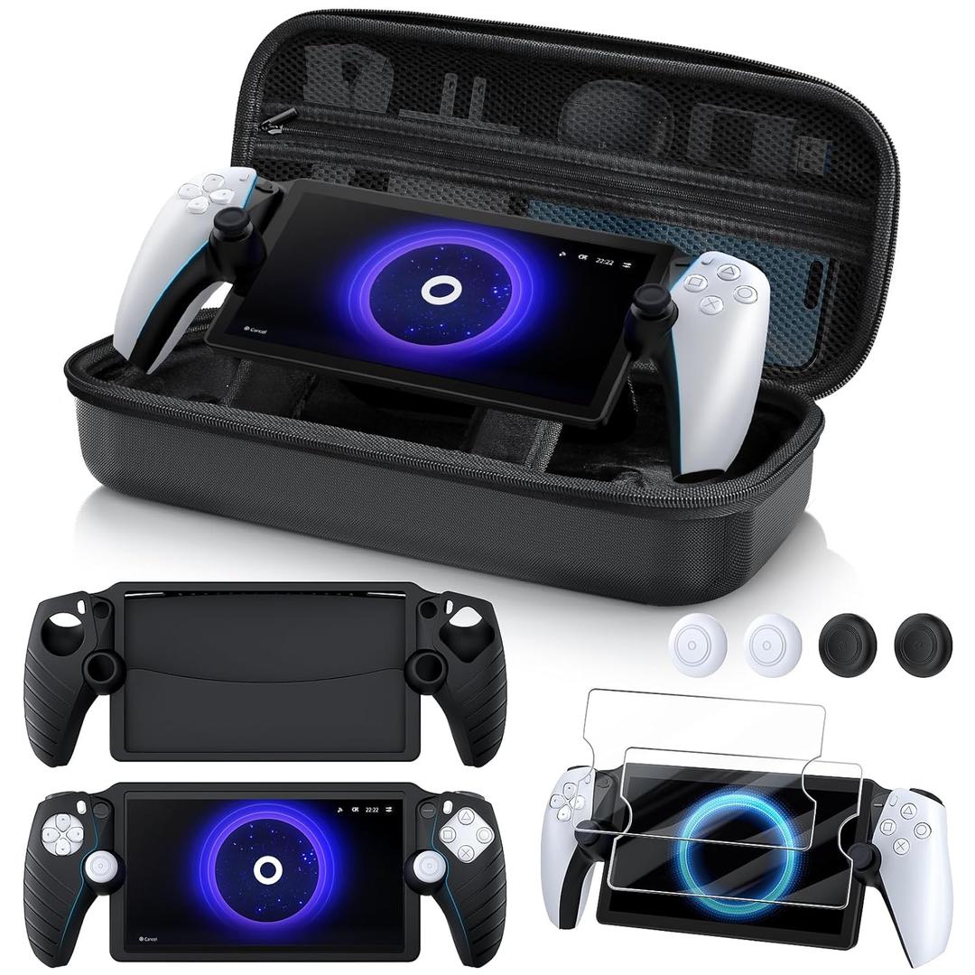 KINWIN 10 in 1 Accessories Bundle Compatible with PlayStation Portal, EVA Carrying Case for PS Portal with Silicone Protective Cover, 2 Pack Screen Protectors and 4 Thumb Grips for PS5 Portal Console (Black)