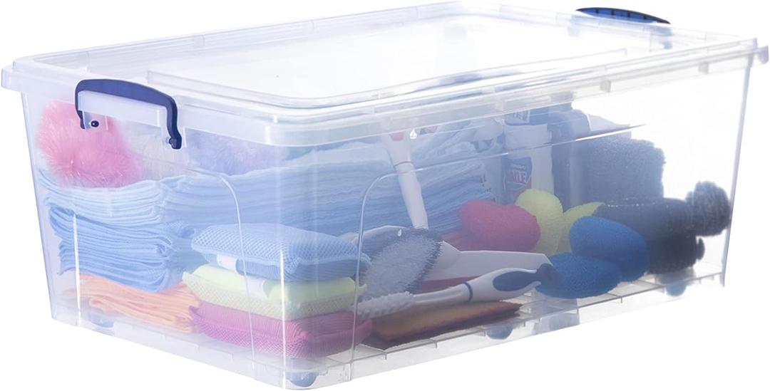 Superio Clear Storage Bin with Lid, Large Stackable Container with Lid, 60 Quart Wheeled Storage Box for Home, Garage, Storage (26.75"x18"x10.5")