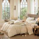 3 x MooMee Wavy Striped Duvet Cover Set 100% Washed Cotton Linen Like Textured Breathable Durable Soft Comfy (Cream White, King 104"x90")