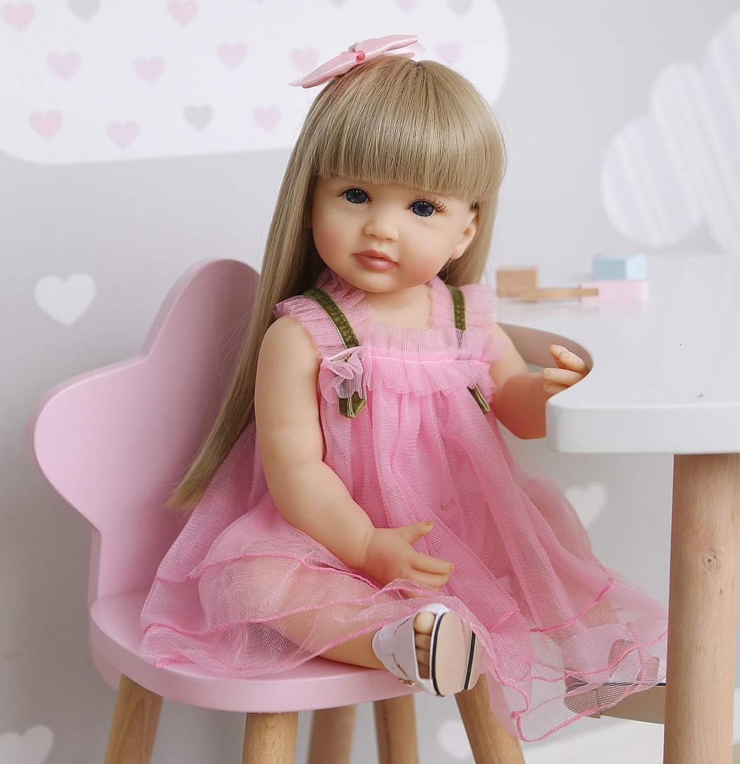 Reborn Baby Dolls Silicone Full Body Girl 22 inch Lifelike Toddler Doll Realistic Reborn Dolls Waterproof with Blond Long Hair Pink Dress for Birthday Gifts