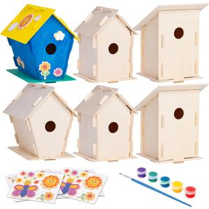 Neliblu DIY 12 Wooden Bird House Kits - Creative Arts and Crafts Set for Kids and Adults - Unfinished Wood Birdhouses with Paint Strips, Brushes, Stickers and Strings - 3 Unique Shapes, 2 Sizes