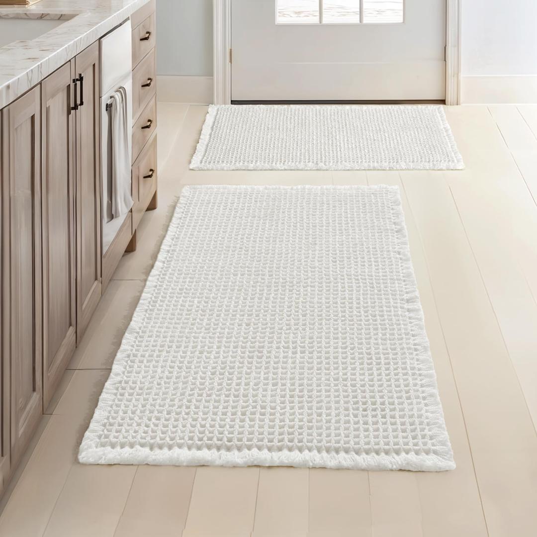 MIULEE Set of 2 Waffle Bathroom Rugs, Boho Bath Rugs Non Slip Washable, Super Absorbent Bath Mats, Ultra Soft Rubber Backed Shower Mats for Bathroom Floor, Tub, White, 17"x24"+18"x30"