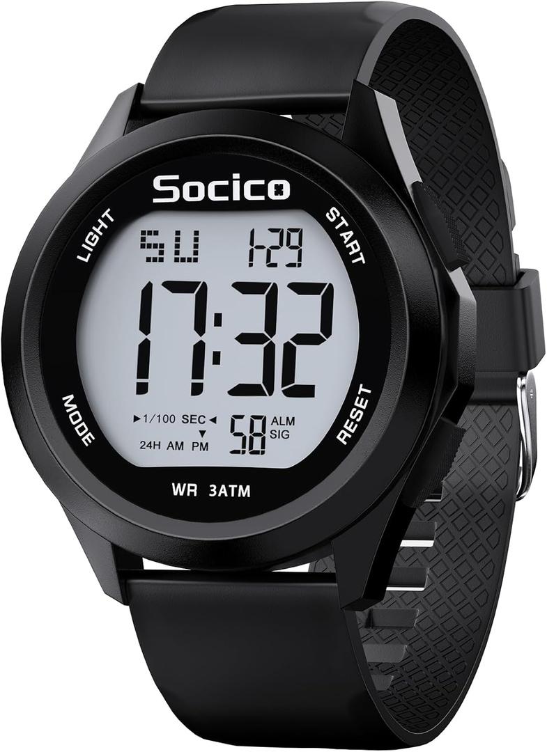 SOCICO Mens Digital Watch Sports Waterproof Outdoor Large Face Military Watches with Stopwatch Back Light Alarm Date Display (Black)