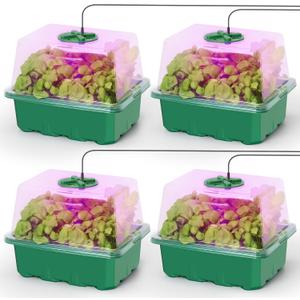 MIXC Seed Starter Kit with Grow Light, Elevated Seedling Tray Kit with Adjustable Humidity Dome and Clear Cell Tray, 12 Full Spectrum Led Beads for Seed Starting Greenhouse, 4 Pack, Green