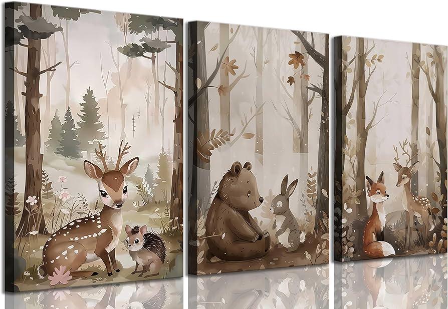 3Pcs Woodland Animal Nursery Canvas wall art Wild Animals Forest Paintings Pictures Wall Decor Fox Bear Deer Watercolor Poster Printing Artwork for Boys Room Girls Room Home Decoration, 24x16"