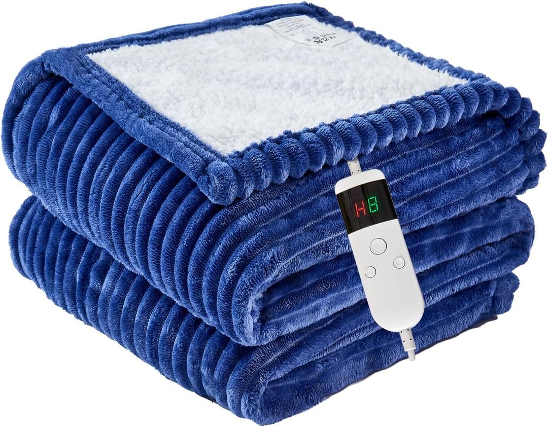 Heated Blanket Electric Throw, Soft Flannel Heating Blanket with 8 Hours Auto Off 10 Fast Heating Levels Machine Washable Sherpa Heated Blanket with Overheating Protection (Throw (50" x 60"), Blue)