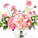 Peonies Artificial Flowers in Vase, Pink Flowers Artificial with Faux Water, Silk Peonies Artificial Flowers Arrangements Indoor Realistic Fake Flowers for Table Wedding Party Home Decor