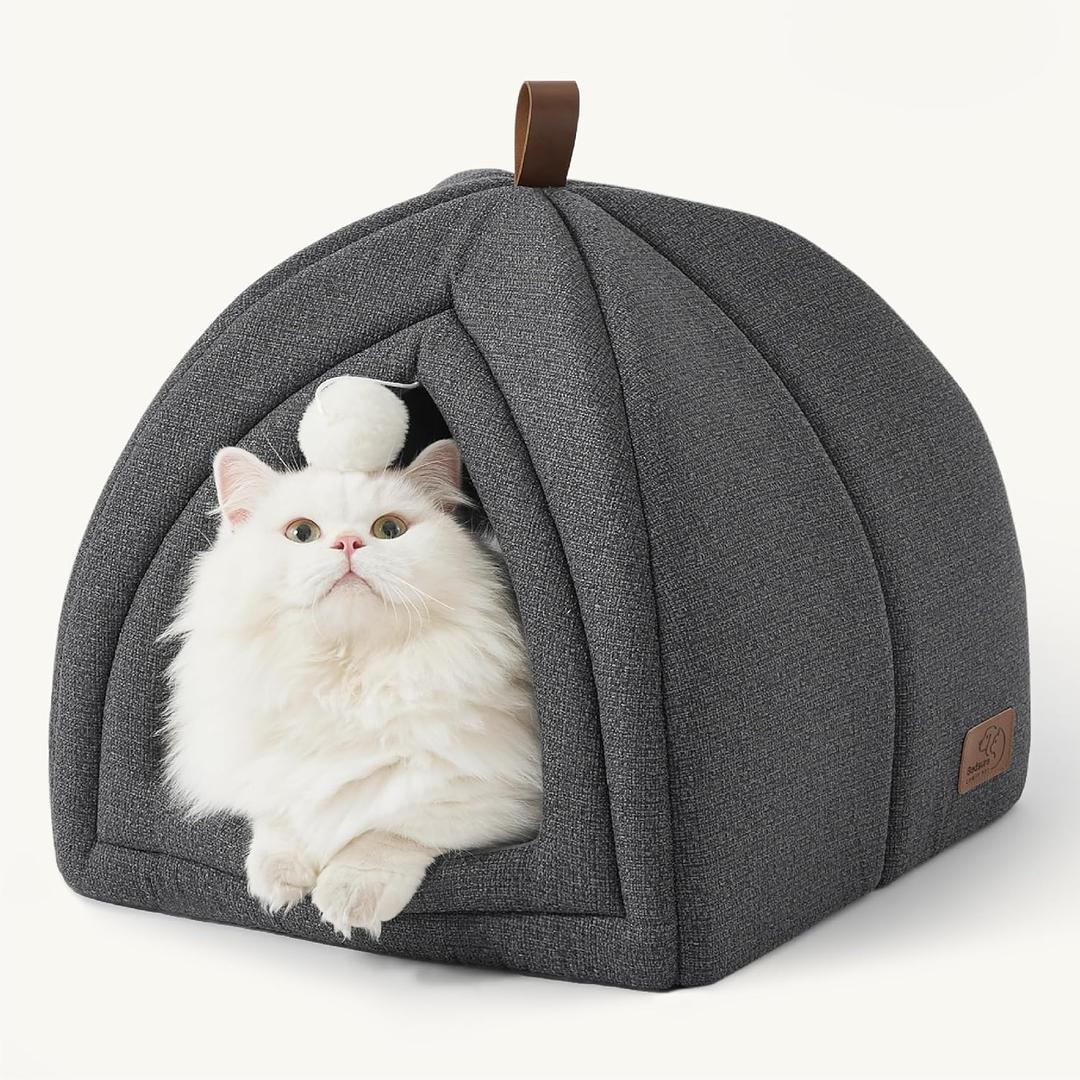 Bedsure Cat Beds for Indoor Cats - 2 in 1 Cat Cave House Tent for Kittens and Small Pets with Removable Washable Cushioned Pillow, Foldable Kitten Hideaway with Non-Slip Bottom, Dark Grey, 16 inches