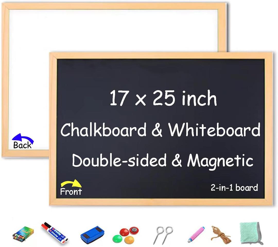 Magnetic Chalkboard 17x25 Double-Sided Chalkboard and Whiteboard 2-in-1 Hanging Wall Wood Framed Decor Blackboard and Dry Erase Whiteboard for Kids, Home, Restaurant Magnetic Chalkboard 17x25 Double-Sided Chalkboard and Whiteboard 2-in-1 Hanging Wall Wood Framed Decor Blackboard and Dry Erase Whiteboard for Kids, Home, Restaurant
