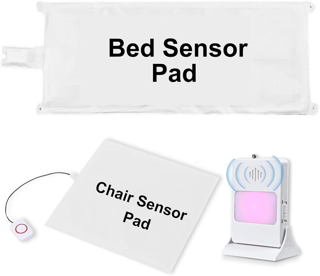 Bed Alarm for Elderly Adults & Chair Alarm Set with Sensor Pad - Fall Prevention Alert System for Seniors, Dementia Patients, Alzheimer Care - Adjustable Volume Caregiver Monitor