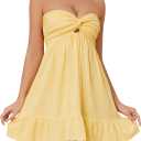 Womens Strapless Mini Dress Twist Knot Front Cut Out Babydoll Dress Smocked Backless Ruffle Hem Tube Dresses (Large, Yellow)