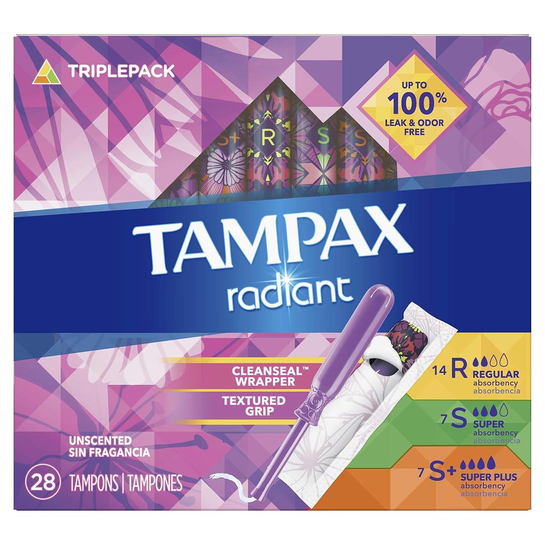 3 x Tampax Radiant Tampons Trio Pack Regular/Super/Super Plus Absorbency, Unscented, 28 Count