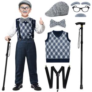 Kids 100 Days of School Costume Boys-Halloween Grandpa Old Man Costume with Accessories for 100th Day of School Party (Large (8-10yr), Retro Black)