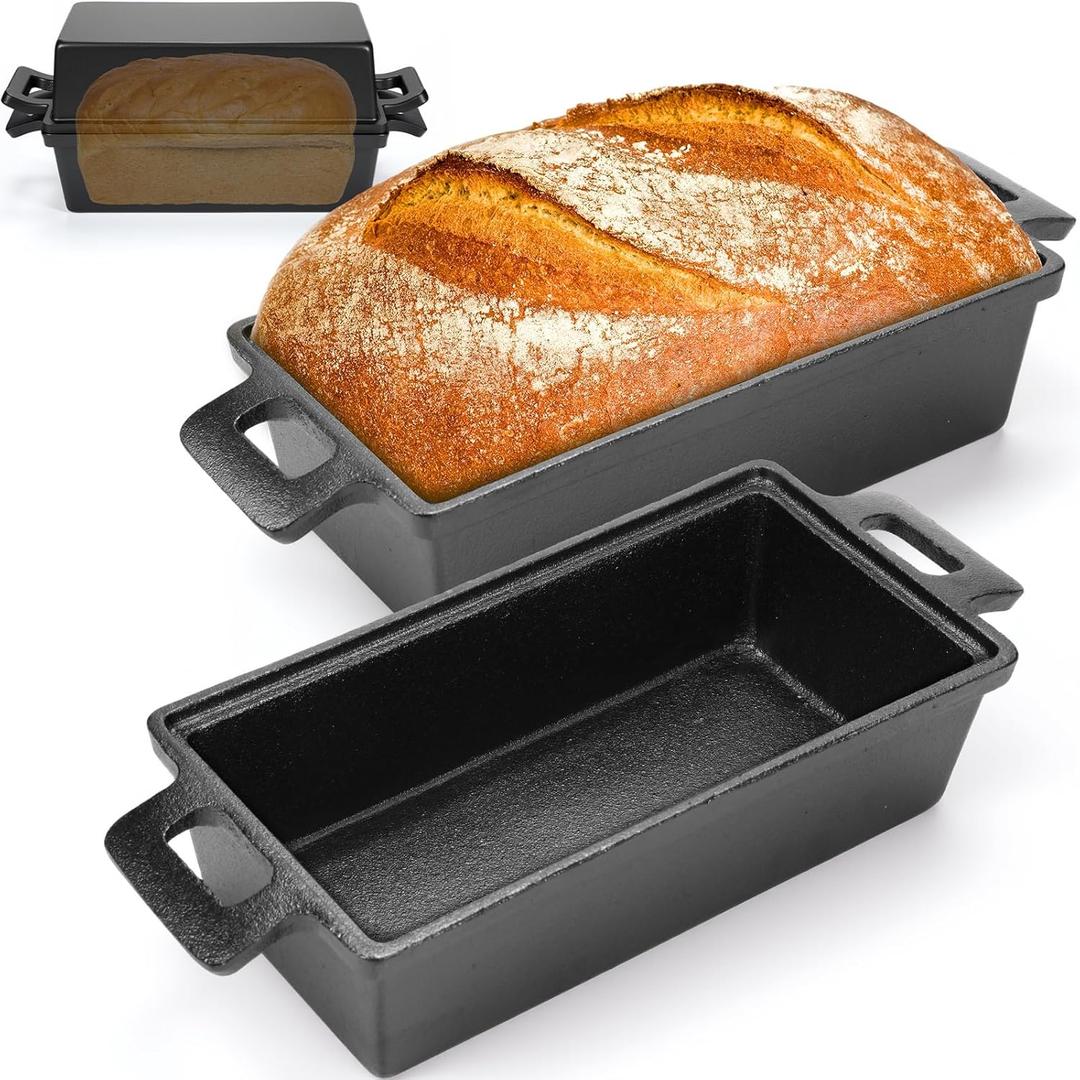 2 Piece 10 x 5 Inches Cast Iron Bread Pan with Lid 2 in 1 Loaf Pans Set Bakeware Sourdough Pots for Baking Bread Homemade Meatloaf(Black Cast Iron)