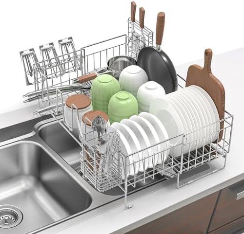 Large Dish Drying Rack - Rust Resistant Dish Rack,Expandable Kitchen Counter,Drainage Board with Sloped Design,Removable Cutlery Holder,Cup Knife Holder,Easy-to-Clean Full Hollow Design-Silver-L