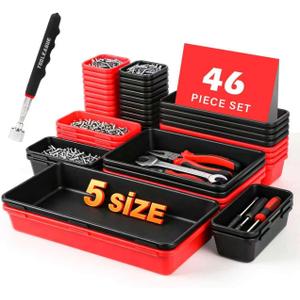 TOOLEAGUE 46Pcs & 5 Sizes Tool Box Organizer with 15Lb Magnetic Pickup Pen | Drawer Organizer Tray Set, Garage Organization and Storage Workshop Rolling Tool Chest WorkBench Small Part(Black, Red)