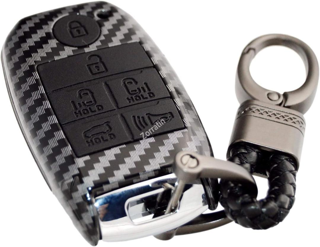 2-Layers Hybrid Carbon Key Fob Cover for KIA Sedona Grand Carnival MPV with Power Doors Hatch 6 Button (Black shell+Black silicone inner+Black keychain)