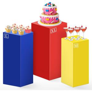 Set of 3 Square Red Yellow Blue Cylinder Stand Covers for Party, Spandex Display Pedestal Covers,Cylinder Pedestal Stand Cover for Christmas Festival Birthday Party Wedding Props Decor (M+L+XL)