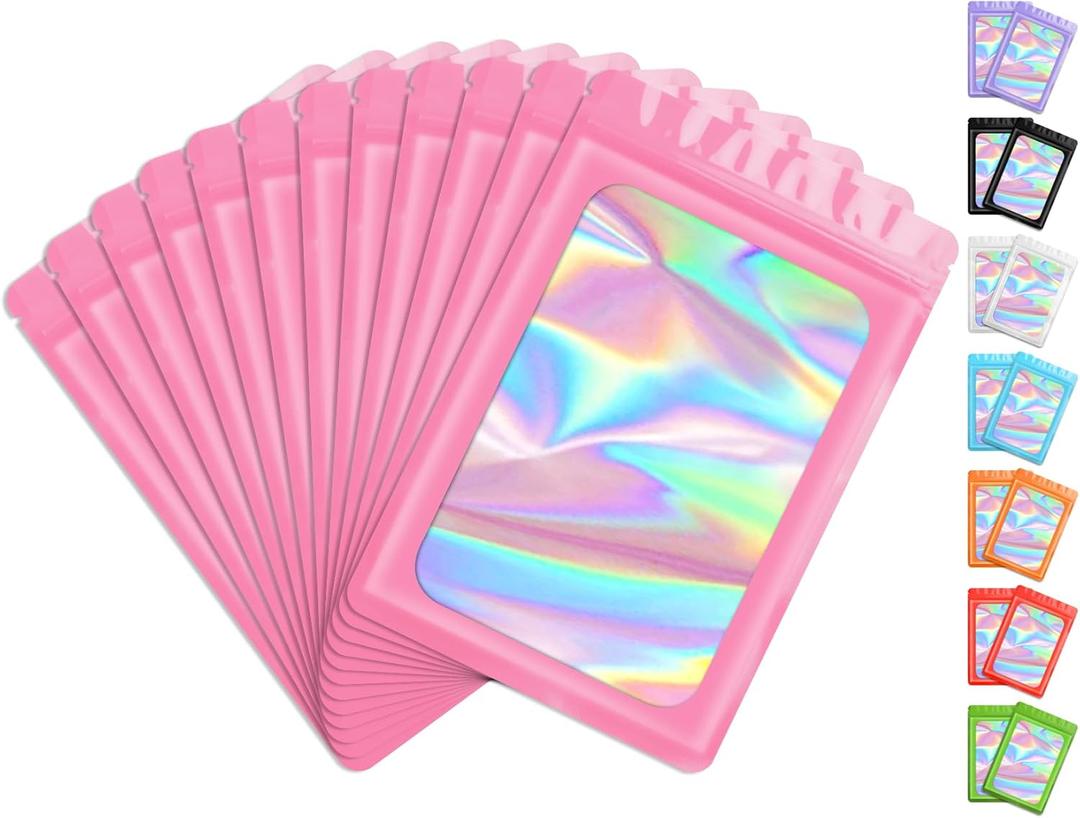 Funfery 100 Pcs Resealable Bags Clear Holographic Bags,Smell Proof Packaging Baggies,Mylar Food Storage Bag,Zipper Sealing Bag for Coffee Bean,Cookies,Jewelry Sample Small Business(Pink,6.3x9.4in)