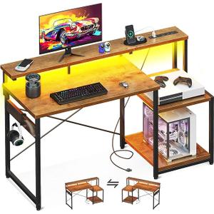AODK Computer Desk, 48 Inch Gaming Desk with Led Lights & Power Outlet, Office Desk with Storage Shelves, Reversible Desk with Monitor Shelf & Headphone Hook, Rustic Brown