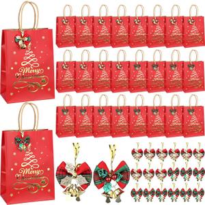 AmazingSpark 24 Set Small Gift Bags for Christmas with Handles Red and Gold Gift Bags Christmas Bow with Bells Bulk Kraft Foil Xmas Tree Holiday Party Favor Supplies 8.26" x 5.9" x 3.1"