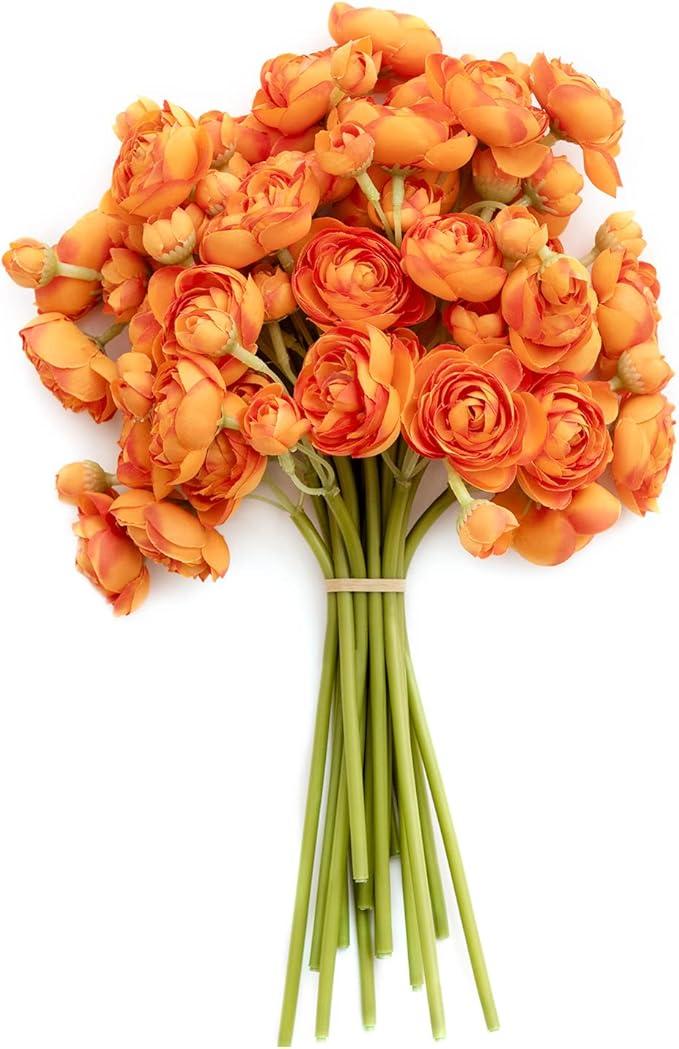 Alupssuc 30Pcs Ranunculus Artificial Flowers Faux Silk Mini Ranunculus, Spring Flowers Artificial Indoor for DIY Bouquets, Bulk Fake Wedding Filler Flowers for Bride Decorations & Arrangements, Citrus Orange