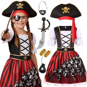 Cuteshower Girls Pirate Costume for Kids Halloween Dress Up Pirate Pretend Cosplay (5-7 Years, Black)