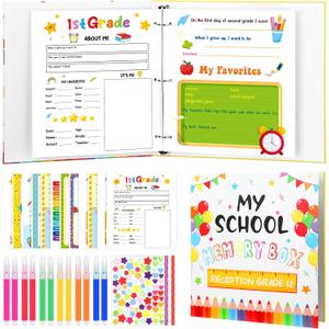 School Memory Book Album Keepsake Scrapbook for Kids with Colored Stickers and Pens School Year Photo Album Set from Preschool to 12th Grade