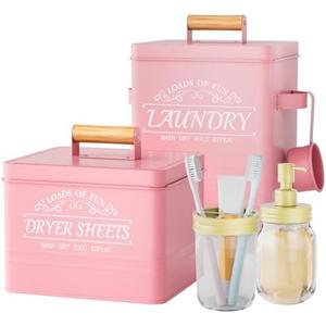BSSN Farmhouse Laundry Storage Set - Metal Canister for Laundry Pods & Dryer Sheets, Glass Soap Dispenser & Toothbrush Holder | Pink Rustic Decor with Scoop | Laundry Room Organization BSSN Farmhouse Laundry Storage Set - Metal Canister for Laundry Pods & Dryer Sheets, Glass Soap Dispenser & Toothbrush Holder | Pink Rustic Decor with Scoop | Laundry Room Organization