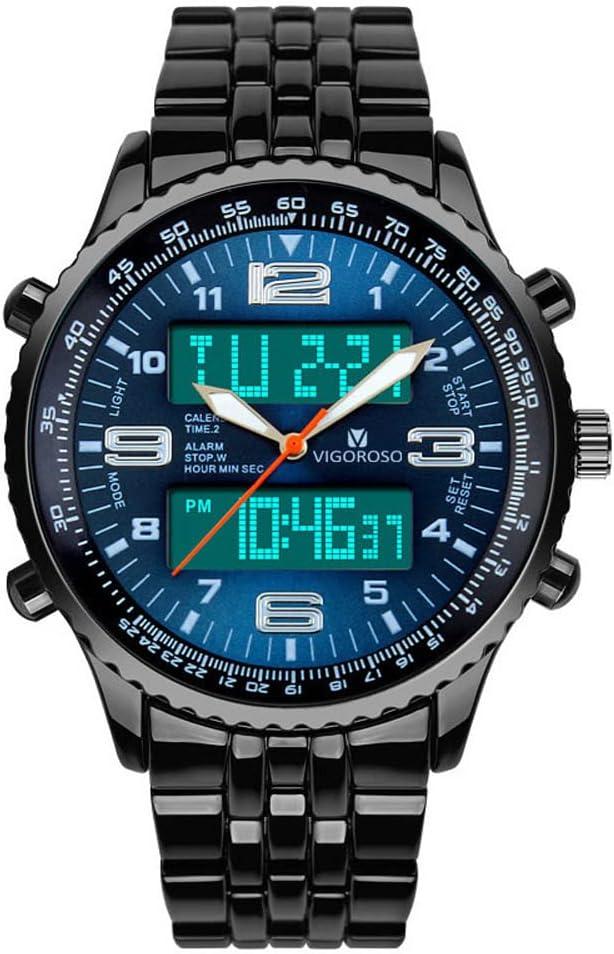 VIGOROSO Men's LED Analog Digital Watch Men Date Week Sports All Black Steel Mens Watch for Men